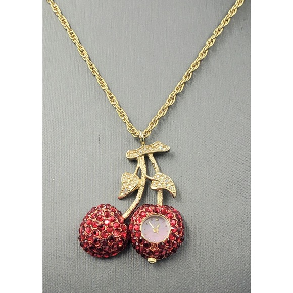 Suzanne Bjontegard Long Cherry Watch Necklace – Unworn Vintage – Red Rhinestones - Picture 5 of 8